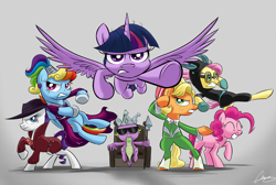 Size: 3224x2172 | Tagged: safe, artist:oinktweetstudios, imported from derpibooru, applejack, fluttershy, pinkie pie, rainbow dash, rarity, spike, twilight sparkle, alicorn, dragon, earth pony, pegasus, pony, unicorn, sparkle's seven, action pose, alternate hairstyle, apple chord, badass, bunny ears, clothes, costume, crown, dangerous mission outfit, detective rarity, dress, female, flutterbadass, flutterspy, goggles, hard-won helm of the sibling supreme, hat, hoodie, male, mane seven, mane six, mare, megaradash, rainbow dash always dresses in style, smiling, squad, sunglasses, throne, twilight sparkle (alicorn)