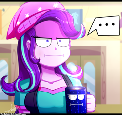 Size: 1020x960 | Tagged: safe, artist:the-butch-x, imported from derpibooru, starlight glimmer, equestria girls, marks for effort, mirror magic, season 8, spoiler:eqg specials, ..., :i, animate object, beanie, breasts, busty starlight glimmer, chocolate, clothes, coffee mug, cute, empathy cocoa, equestria girls interpretation, female, food, hat, hot chocolate, i mean i see, marshmallow, mug, scene interpretation, shirt, solo, speech bubble, vest