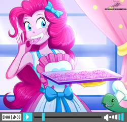 Size: 1160x1120 | Tagged: safe, artist:the-butch-x, imported from derpibooru, pinkie pie, tank, equestria girls, equestria girls series, the craft of cookies, spoiler:eqg series (season 2), apron, armpits, baking sheet, chef's hat, clothes, cookie, curtains, cute, diapinkes, eating, female, food, hat, oven mitts, signature, smiling, solo, tray, window