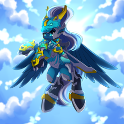 Size: 5555x5555 | Tagged: safe, artist:airiniblock, imported from derpibooru, oc, oc only, oc:vivid tone, pegasus, pony, absurd resolution, armor, commission, female, flying, mare, overwatch, pharah, rcf community, smiling, solo