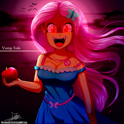 Size: 1600x1600 | Tagged: safe, artist:the-butch-x, imported from derpibooru, fluttershy, bat, vampire, bats!, equestria girls, equestria girls series, season 4, apple, beautiful, breasts, busty fluttershy, cleavage, clothes, dress, evil grin, fangs, female, fluttershy boho dress, food, geode of fauna, glowing eyes, grin, hairpin, intimidating, jewelry, looking at you, magical geodes, necklace, open mouth, signature, slit eyes, slit pupils, smiling, solo