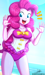 Size: 820x1360 | Tagged: safe, artist:the-butch-x, imported from derpibooru, pinkie pie, equestria girls, equestria girls series, attached skirt, beach, beach babe, beautiful, bow swimsuit, butch's paradiso, clothes, cute, diapinkes, female, frilled swimsuit, one-piece swimsuit, paradiso x, pink swimsuit, pinkie pie's beach shorts swimsuit, signature, skirt, smiling, solo, swimsuit, thighs, tricolor swimsuit, underass