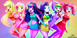 Size: 1460x720 | Tagged: safe, artist:the-butch-x, imported from derpibooru, applejack, fluttershy, pinkie pie, rainbow dash, rarity, twilight sparkle, alicorn, fairy, human, equestria girls, aisha, bare shoulders, belly button, bloom (winx club), boots, breasts, charmix, clothes, commission, convergence, costume, crossover, crown, dress, fairies, fairies are magic, fairy wings, fairyized, female, flora (winx club), freckles, humane five, humane six, jewelry, layla, looking at you, magdalena krylik, magic winx, midriff, musa, necklace, open mouth, pink dress, polish, red dress, regalia, shoes, shorts, signature, skirt, smiling, stella (winx club), strapless, tecna, twilight sparkle (alicorn), voice actor joke, wings, winx, winx club, winxified