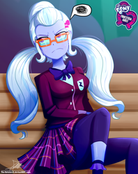 Size: 920x1160 | Tagged: safe, artist:the-butch-x, imported from derpibooru, part of a set, sugarcoat, equestria girls, friendship games, annoyed, butch's hello, clothes, crystal prep academy uniform, cute, equestria girls logo, female, frown, glasses, grumpy, hello x, leggings, pictogram, pigtails, plaid skirt, school uniform, signature, sitting, skirt, solo, tsunderecoat, twintails