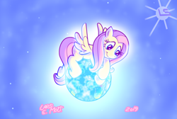 Size: 3220x2158 | Tagged: safe, artist:lars99, imported from derpibooru, fluttershy, pegasus, pony, earth, female, fluttershy day, macro, mare, pony bigger than a planet, protecting, smiling, solo, spread wings, sun, tangible heavenly object, wings