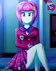 Size: 920x1160 | Tagged: safe, artist:the-butch-x, imported from derpibooru, part of a set, sunny flare, equestria girls, friendship games, blushing, breasts, butch's hello, clothes, crossed legs, crystal prep academy uniform, cute, equestria girls logo, female, hello x, legs, lidded eyes, looking at you, miniskirt, plaid skirt, pleated skirt, raised eyebrow, school uniform, schrödinger's pantsu, scowl, signature, sitting, skirt, skirt lift, solo, sunny flare's wrist devices, thighs, unamused, upskirt denied