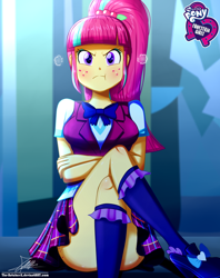 Size: 920x1160 | Tagged: safe, artist:the-butch-x, imported from derpibooru, part of a set, sour sweet, equestria girls, angry, ass, blushing, breasts, busty sour sweet, butch's hello, butt, butt freckles, clothes, covering, crossed arms, crossed legs, crystal prep academy uniform, cute, equestria girls logo, female, freckles, grumpy, hello x, high heels, hmph, kneesocks, legs, looking at you, madorable, miniskirt, plaid skirt, pleated skirt, ponytail, pouting, school uniform, schrödinger's pantsu, scrunchy face, shoes, signature, sitting, skirt, skirt lift, socks, solo, sour seat, sour sweet is not amused, sourbetes, thighs, upskirt denied
