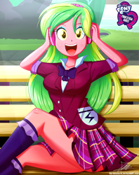 Size: 920x1160 | Tagged: safe, artist:the-butch-x, imported from derpibooru, part of a set, lemon zest, equestria girls, friendship games, bench, breasts, butch's hello, clothes, crystal prep academy uniform, cute, equestria girls logo, female, headphones, hello x, legs, looking at you, miniskirt, open mouth, plaid skirt, pleated skirt, school uniform, schrödinger's pantsu, signature, sitting, skirt, skirt lift, socks, solo, thighs, zestabetes