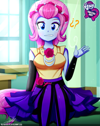 Size: 920x1160 | Tagged: safe, artist:the-butch-x, imported from derpibooru, part of a set, violet blurr, equestria girls, rainbow rocks, background human, breasts, busty violet blurr, butch's hello, clothes, confused, dress, equestria girls logo, female, hello x, looking at you, pantyhose, question mark, sitting, skirt, solo, ¿?