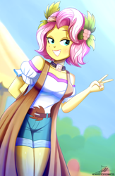 Size: 1020x1560 | Tagged: safe, artist:the-butch-x, imported from derpibooru, vignette valencia, equestria girls, equestria girls series, rollercoaster of friendship, beauty mark, clothes, female, flower, flower in hair, grin, holly, nail polish, off shoulder, peace sign, shirt, shorts, signature, smiling, solo, thighs