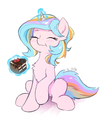 Size: 1783x2157 | Tagged: safe, artist:draconidsmxz, imported from derpibooru, oc, oc only, oc:oofy colorful, pony, unicorn, blushing, cake, chest fluff, chocolate cake, eating, eyes closed, female, food, magic, mare, simple background, sitting, sketch, solo, telekinesis, white background