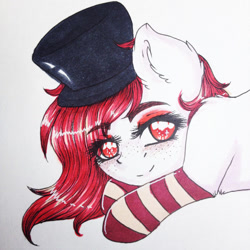 Size: 1024x1024 | Tagged: safe, artist:uglypartyhat, deleted from derpibooru, imported from derpibooru, oc, oc only, oc:axis, earth pony, clothes, hat, photo, smiling, socks, striped socks, traditional art