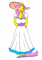 Size: 2471x3482 | Tagged: safe, artist:killerteddybear94, imported from derpibooru, fluttershy, anthro, big breasts, breasts, busty fluttershy, clothes, cute, dress, eyes closed, female, fluttershy day, hands behind back, hat, open mouth, shyabetes, smiling, solo, sun hat, sundress, traditional art