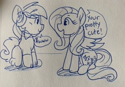 Size: 3186x2206 | Tagged: safe, artist:rainbow eevee, imported from derpibooru, fluttershy, oc, oc:dcbud, pegasus, pony, bowtie, clothes, cute, duo, grammar error, ink, interview, lineart, marmot, pencil drawing, sketch, traditional art