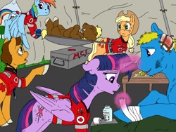 Size: 2048x1536 | Tagged: safe, artist:doc rainbow, artist:silfoe, edit, imported from derpibooru, applejack, rainbow dash, twilight sparkle, alicorn, pony, bandage, base used, clothes, digital art, emergency, emt, injured, levitation, magic, mci, medic, red cross, redraw, telekinesis, tent, twilight sparkle (alicorn), uniform