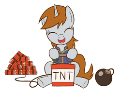 Size: 2000x1540 | Tagged: safe, artist:sazanamibd, imported from derpibooru, oc, oc only, oc:littlepip, pony, unicorn, fallout equestria, game: fallout equestria: remains, bomb, clothes, detonator, explosives, eyes closed, fanfic, fanfic art, female, hooves, horn, jumpsuit, mare, open mouth, pipbuck, simple background, sitting, solo, this will end in explosions, tnt, vault suit, weapon, white background