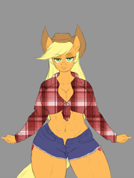 Size: 1200x1600 | Tagged: safe, artist:lurking tyger, imported from derpibooru, applejack, anthro, earth pony, abs, belly button, both cutie marks, breasts, busty applejack, cleavage, clothes, female, front knot midriff, gray background, looking at you, midriff, muscles, muscular female, plaid shirt, shorts, simple background, solo, unmoving plaid