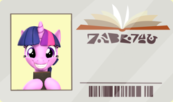 Size: 1280x757 | Tagged: safe, artist:flushthebatsanta, artist:phucknuckl, edit, editor:secrettitan, imported from derpibooru, vector edit, twilight sparkle, pony, the point of no return, 3d, adorkable, book, cute, dork, inkscape, library card, smiling, source filmmaker, twiabetes, vector, written equestrian