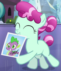Size: 512x596 | Tagged: safe, imported from derpibooru, screencap, cherry valley, rock candy (character), spike, crystal pony, earth pony, pony, the crystalling, blank flank, cropped, eyes closed, female, filly, mouth hold, photo, solo