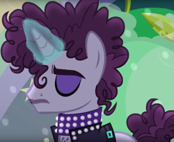 Size: 1137x932 | Tagged: safe, imported from derpibooru, screencap, prance (character), undertone, pony, unicorn, the mane attraction, background pony, choker, clothes, cropped, eyes closed, eyeshadow, glowing horn, horn, jacket, magic, makeup, male, ponified, prince (musician), solo, stallion, studded choker