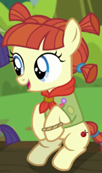 Size: 465x784 | Tagged: safe, imported from derpibooru, screencap, nature walk, earth pony, pony, the mane attraction, cropped, female, filly, neckerchief, sitting, solo focus