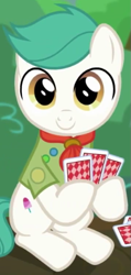 Size: 355x745 | Tagged: safe, imported from derpibooru, screencap, soft ice, earth pony, pony, the mane attraction, background pony, clothes, colt, cropped, hoof hold, male, playing card, sitting, solo, uniform