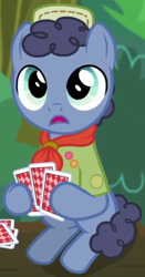 Size: 408x777 | Tagged: safe, imported from derpibooru, screencap, shady blues, earth pony, pony, the mane attraction, colt, cropped, hat, hoof hold, male, neckerchief, playing card, sitting, solo