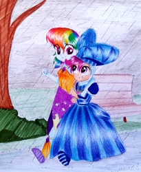 Size: 1292x1576 | Tagged: safe, artist:liaaqila, imported from derpibooru, rainbow dash, scootaloo, human, equestria girls, for whom the sweetie belle toils, make new friends but keep discord, boots, clothes, commission, costume, cute, cutealoo, dashabetes, dignified wear, dress, duo, gala dress, jewelry, necklace, rain, running, scootalove, shoes, smiling, traditional art