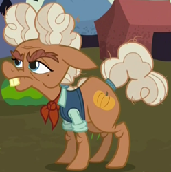 Size: 624x626 | Tagged: safe, imported from derpibooru, screencap, ma hooffield, earth pony, pony, the hooffields and mccolts, ascot, bucktooth, bushy brows, clothes, cropped, elderly, female, food, hooffield family, mare, shirt, solo, vest, watermelon