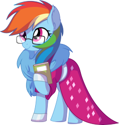 Size: 6585x6958 | Tagged: safe, artist:cyanlightning, imported from derpibooru, rainbow dash, pegasus, pony, .svg available, absurd resolution, book, clothes, cute, dashabetes, dork, dress, ear fluff, egghead, egghead dash, feather, feather boa, female, glasses, mare, meganekko, nerd, rainbow dash always dresses in style, rainbow dork, simple background, smiling, solo, transparent background, vector