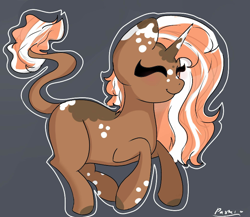 Size: 800x694 | Tagged: safe, anonymous artist, imported from derpibooru, oc, oc only, oc:spotty lionmane, pony, unicorn, eyes closed, female, horn, leonine tail, mare, signature, smiling, spots, two toned mane, two toned tail