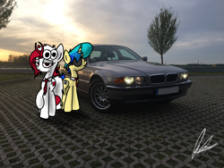 Size: 4032x3024 | Tagged: safe, artist:flaremoon, imported from derpibooru, oc, oc only, oc:mercury haze, oc:razlad, pony, bmw, bmw 7-series, bmw e38, businessmare, car, duo, helix horn, irl, photo, photography, ponies in real life