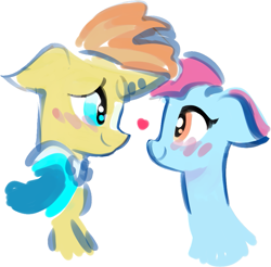 Size: 913x897 | Tagged: safe, artist:gine_zatr, imported from derpibooru, blue bobbin, sunburst, pony, blueburst, blushing, shipping, smiling