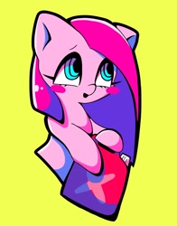 Size: 1194x1526 | Tagged: safe, artist:asg5528, imported from derpibooru, pinkie pie, earth pony, pony, blush sticker, blushing, cel shading, cute, cuteamena, diapinkes, female, gasoline, mare, needs more saturation, open mouth, pinkamena diane pie, shading, simple background, solo, yellow background