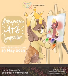 Size: 1149x1280 | Tagged: safe, artist:nusaponycon, imported from derpibooru, oc, oc only, oc:nuning, oc:salasika, pony, advertisement, easel, indonesia, nusaponycon, paintbrush, painting