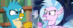 Size: 1672x640 | Tagged: safe, edit, edited screencap, imported from derpibooru, screencap, gallus, silverstream, griffon, hippogriff, a matter of principals, season 8, what lies beneath, spoiler:s08, comparison, duo, evil grin, female, gallstream, griffon teeth, grin, male, shipping, shipping domino, smiling, straight