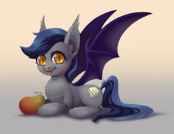 Size: 2911x2250 | Tagged: safe, artist:taytinabelle, imported from derpibooru, oc, oc only, oc:echo, bat pony, pony, :p, bat pony oc, bat wings, chest fluff, cute, cute little fangs, ear fluff, eyelashes, fangs, fluffy, food, gradient background, happy, leg fluff, looking at you, mango, ocbetes, simple background, slit eyes, slit pupils, smiling, solo, spread wings, tongue out, unshorn fetlocks, wide eyes, wings, yellow eyes