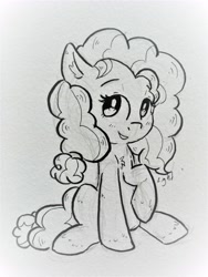 Size: 3840x5120 | Tagged: safe, artist:lightisanasshole, imported from derpibooru, pear butter, earth pony, pony, big eyes, black and white, blushing, chest fluff, curly hair, ear fluff, female, fluffy, grayscale, looking at you, monochrome, mother, raised eyebrow, raised hoof, sitting, smiling, solo, traditional art, wip