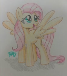 Size: 1224x1383 | Tagged: safe, artist:prinrue, imported from derpibooru, fluttershy, pegasus, pony, cute, female, mare, smiling, solo, spread wings, traditional art, wings