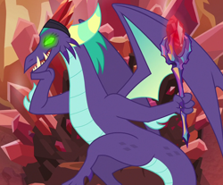 Size: 870x719 | Tagged: safe, edit, edited screencap, imported from derpibooru, screencap, gaius (dragon), dragon, the hearth's warming club, bloodstone scepter, cropped, gaius, glowing eyes, hand on chin, male, open mouth, sitting, solo