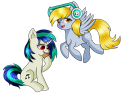 Size: 3000x2232 | Tagged: safe, artist:rainbowtashie, imported from derpibooru, derpy hooves, dj pon-3, vinyl scratch, pegasus, pony, unicorn, eating, food, headphones, muffin, simple background, tongue out, transparent background, wrong eye color