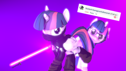 Size: 1920x1080 | Tagged: safe, artist:spinostud, imported from derpibooru, sci-twi, twilight sparkle, alicorn, pony, 3d, clothes, glasses, jedi, lab coat, lightsaber, request, science, science fiction, scitwilicorn, source filmmaker, star wars, twilight sparkle (alicorn), weapon