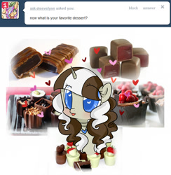 Size: 600x615 | Tagged: safe, artist:laceymod, imported from derpibooru, oc, oc only, oc:lovelace, pony, unicorn, ask lovelace, blushing, chocolate, female, food, mare, solo