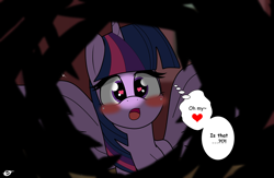Size: 3910x2550 | Tagged: safe, artist:takaneko13, imported from derpibooru, twilight sparkle, alicorn, pony, fanfic:a lesson in voyeurism, blushing, cover art, exclamation point, fanfic art, female, fimfiction, heart, heart eyes, hole in the wall, inner thoughts, interrobang, mare, open mouth, promo, question mark, twilight sparkle (alicorn), wingding eyes