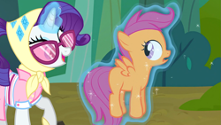Size: 1615x909 | Tagged: safe, imported from derpibooru, screencap, rarity, scootaloo, pegasus, pony, unicorn, sleepless in ponyville, camping outfit, dat ass, dat butt, glowing horn, horn, levitation, magic, meme, out of context, telekinesis