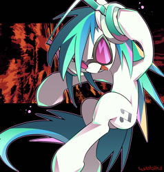 Size: 1200x1258 | Tagged: safe, artist:tyuubatu, imported from derpibooru, dj pon-3, vinyl scratch, pony, unicorn, badass, black background, dyed mane, dyed tail, female, graffiti, headphones, jumping, mare, simple background, smiling, solo, sunglasses