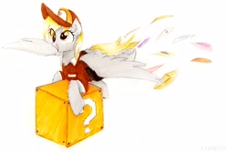 Size: 2938x1959 | Tagged: safe, artist:liaaqila, imported from derpibooru, derpy hooves, pegasus, pony, the point of no return, ? block, box, female, letter, mailbag, mailmare, nintendo, question mark block, simple background, smiling, solo, super mario bros., traditional art, white background