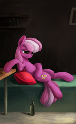 Size: 1519x2485 | Tagged: safe, artist:smg11-on-ddjrb, imported from derpibooru, cheerilee, earth pony, pony, bottle, cushion, female, hangover, mare, solo