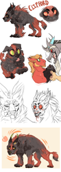 Size: 1000x2798 | Tagged: safe, artist:dingobreath, deleted from derpibooru, imported from derpibooru, big macintosh, discord, oc, oc:buckskin, hybrid, baby, beard, blood, colored sclera, ear piercing, earring, facial hair, fangs, female, interspecies offspring, jewelry, magical gay spawn, offspring, parent:big macintosh, parent:discord, parents:discomac, piercing, red eyes, simple background, tongue out, white background