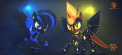 Size: 3840x1740 | Tagged: safe, artist:phoenixtm, imported from derpibooru, oc, oc:delta firedash, oc:jinx ardor, alicorn, dracony, hybrid, pony, robot, robot pony, 3d, alicorn oc, armor, duo, female, robot dracony, scales, shiny, source filmmaker, spread wings, watermark, wings